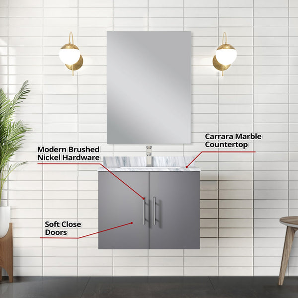English Elm Dark Grey Single Bath Vanity Set With Carrara Marble Top, Mirror & Faucet - Compact Elegance! B2731S01295