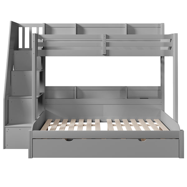 English Elm Twin Over Full Bunk Bed with Stair Drawers Shelves Led Lighting and Usb Port Grey N7090005013E