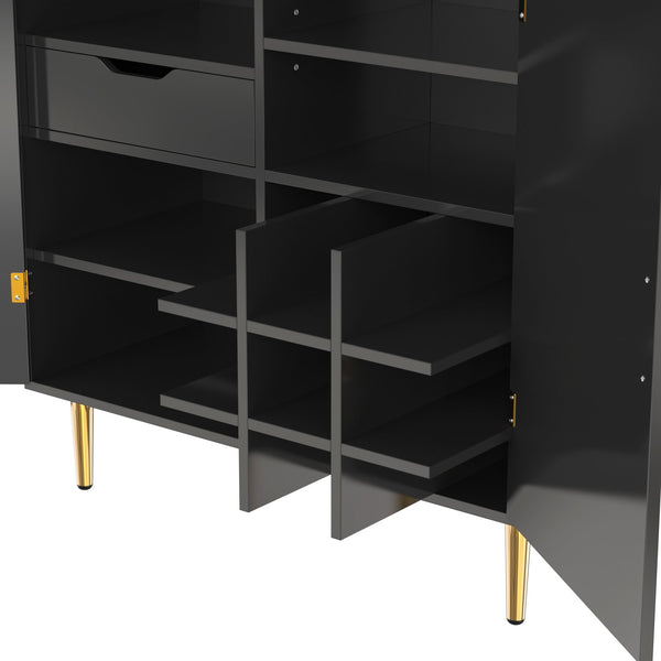 English Elm Modern Fluted Bar Cabinet with Wine Rack Glass Holders Adjustable Shelving and Hidden Drawer Black N728P438606B