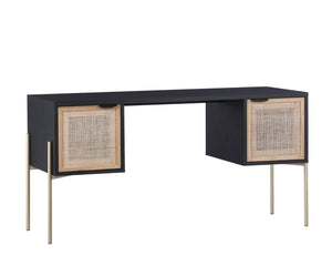 Sunpan AVIDA Desk - Premium Black Oak & Natural Rattan with Polished Gold Legs for Modern Workspaces 106838