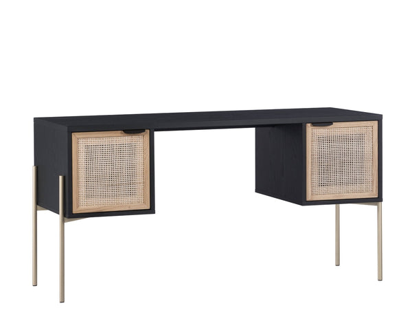 Sunpan AVIDA Desk - Premium Black Oak & Natural Rattan with Polished Gold Legs for Modern Workspaces 106838
