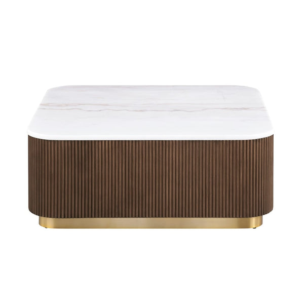 English Elm 1pc Square Genuine Marble Top Cocktail Table Fluted Plinth Base Gold Stainless Accents B2741P476071