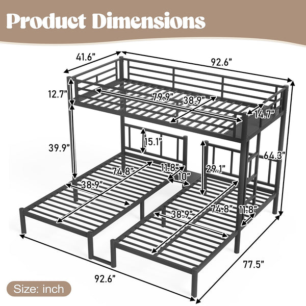 English Elm Twin Triple Bunk Bed Metal L-shaped Frame Sleeps Three Kids White Finish Black W1580S00615