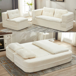 English Elm Multi Purpose Corduroy Sectional with Chaise Converts to King Floor Bed Deep Seat Beige W3219S00005