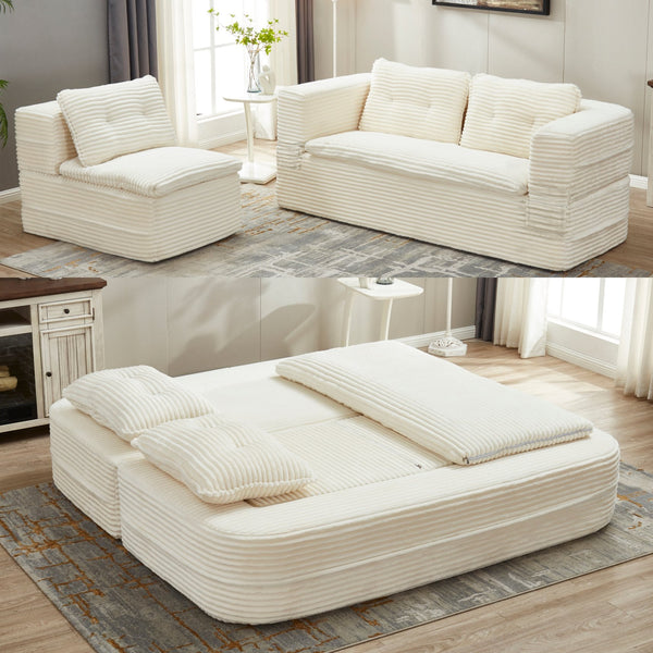 English Elm Multi Purpose Corduroy Sectional with Chaise Converts to King Floor Bed Deep Seat Beige W3219S00005
