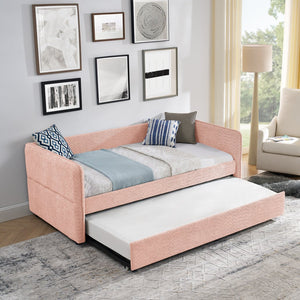 English Elm Daybed Boucle Upholstered Tufted Twin Trundle Sofa for Guest Bedroom Studio Lounge Pink W1413S00172