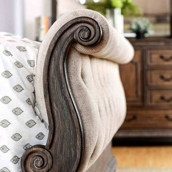 English Elm Rustic Solid Wood Queen Sleigh Bed with Button Tufted Beige Linen Upholstered Frame B2741S00864