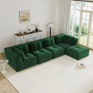 English Elm Modern Corduroy Sectional Sofa with Movable Ottoman Deep Seat Tufted Living Room Couch Green W714S01799