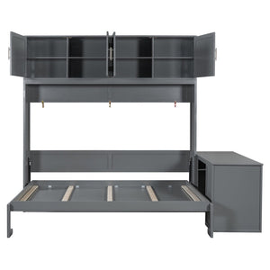 English Elm Queen Size Wall Murphy Bed With Desk, Storage Cabinets & Hydraulic Lift – Elegant Gray Design N820S10034E-GIGA