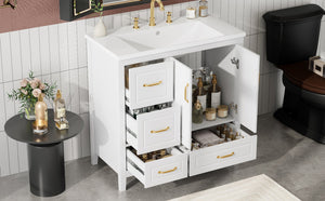 English Elm Christopher Knight Home® - 36" Freestanding Bathroom Vanity with Resin Sink, Soft-Close Doors & Drawers, Gold Alloy Handles, Spacious Storage and Easy Plumbing Access White N759P292552K