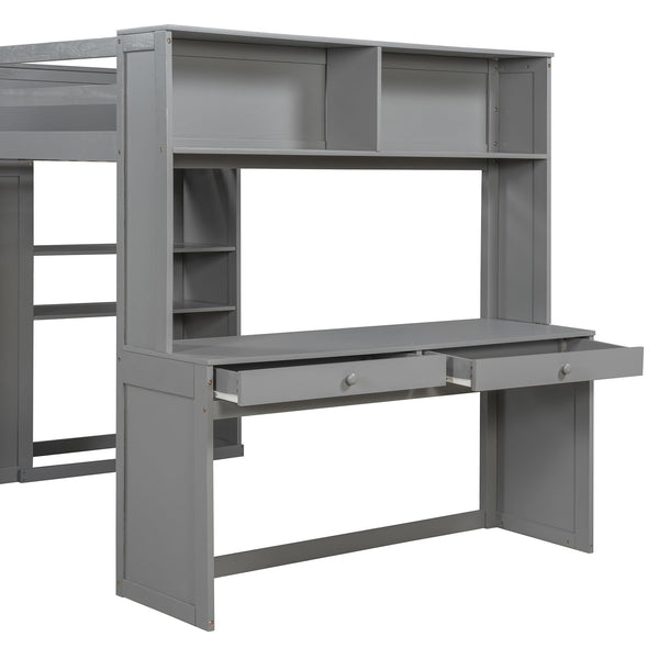 English Elm Full Twin Loft Bed with Desk Wardrobe Shelves Pine Wood Frame Kids Bedroom Gray LT000821AAE-1