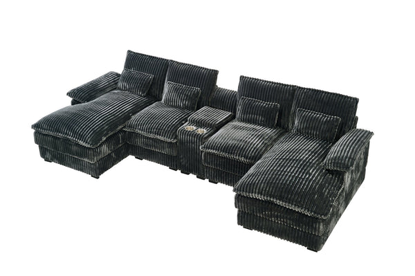 English Elm 120-inch Modular U-shaped Sectional Wool Sofa with Console Usb Ports Seats Six W2564S00025