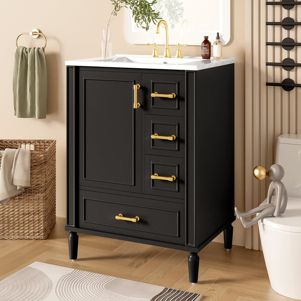 English Elm 24" Olive Bathroom Vanity Solid Wood Frame Ceramic Sink Gold Hardware Soft Close Black N729P373272B