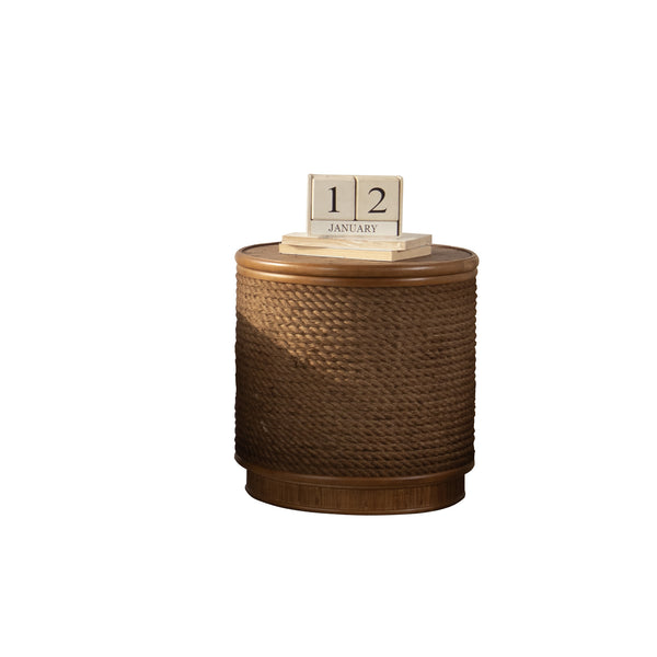English Elm Round Rattan Storage Coffee Table Hand Woven Hemp Trim Bohemian Accent for Living Rooms W3081P464744