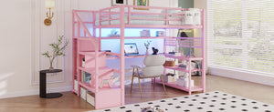 English Elm Full Size Steel Loft Bed with Staircase Storage Wardrobe Desk and Led Lighting Pink W2593S00077