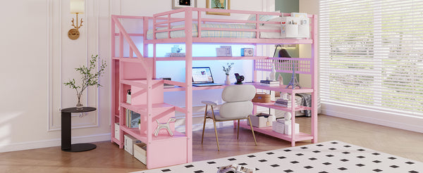 English Elm Full Size Steel Loft Bed with Staircase Storage Wardrobe Desk and Led Lighting Pink W2593S00077