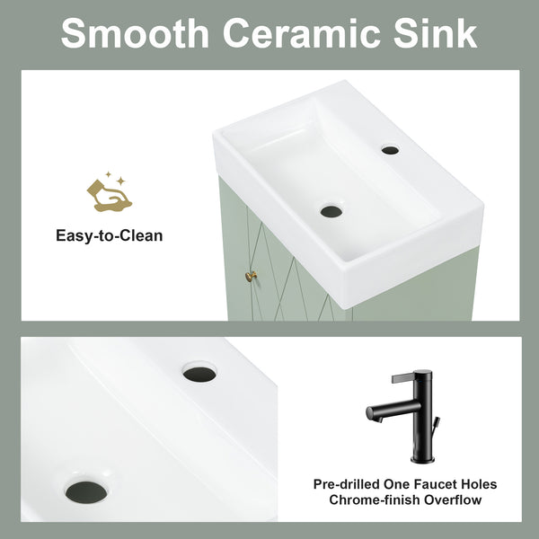 English Elm 20 Modern Wall-Mounted Bathroom Vanity with Ceramic Sink, Diamond Door, Gold Handles & Shelves — Compact Green N725P314033F