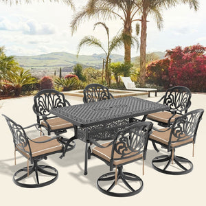 English Elm 7-Piece All-Weather Cast Aluminum Dining Set With Swivel Chairs, Cushions & Umbrella-Ready Table W1710S00282
