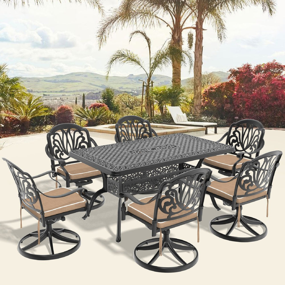 English Elm 7-Piece All-Weather Cast Aluminum Dining Set With Swivel Chairs, Cushions & Umbrella Hole For Comfort W1710S00461