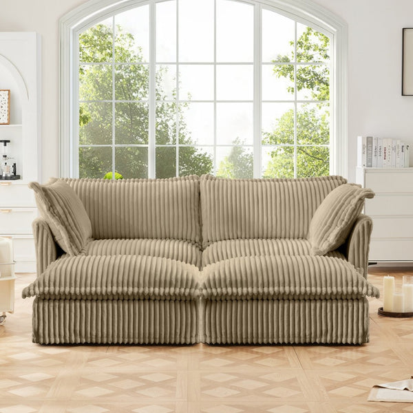 English Elm Slipcovered 2-Seater Sofa With 2 Ottomans - Versatile Sleeper, Soft Corduroy In Camel For Cozy Living W3041S00139-GIGA