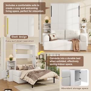English Elm Full Size Murphy Bed System with Integrated Sofa and Storage Towers for Guest Rooms White LP000380AAK