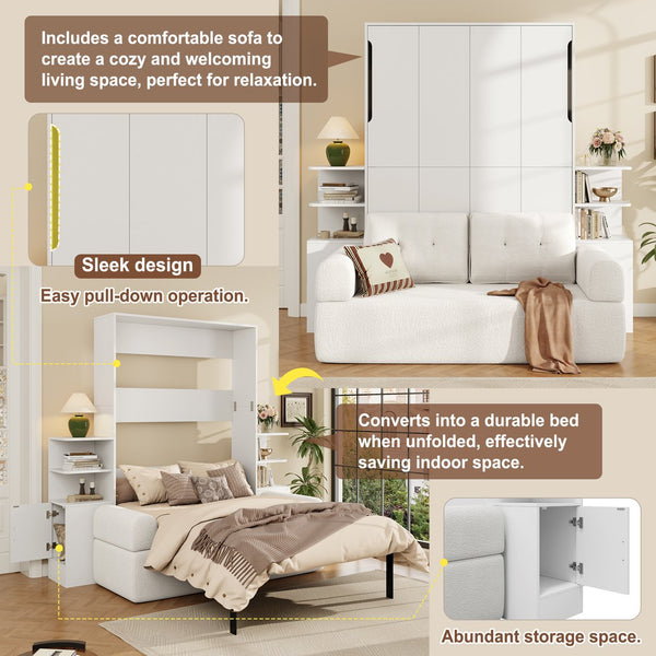 English Elm Full Size Murphy Bed System with Integrated Sofa and Storage Towers for Guest Rooms White LP000380AAK