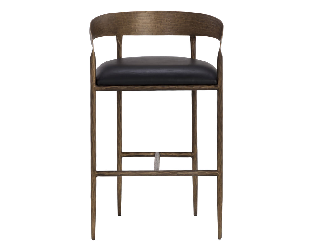 Sunpan Zanatta Stylish Barstool with Antique Brass Frame and Unique Hammered Metal Detailing for Any Space Charcoal Black Leather