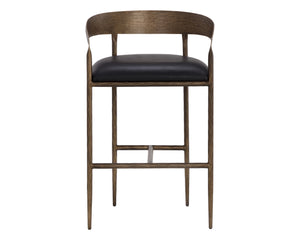 Sunpan Zanatta Stylish Barstool with Antique Brass Frame and Unique Hammered Metal Detailing for Any Space Charcoal Black Leather
