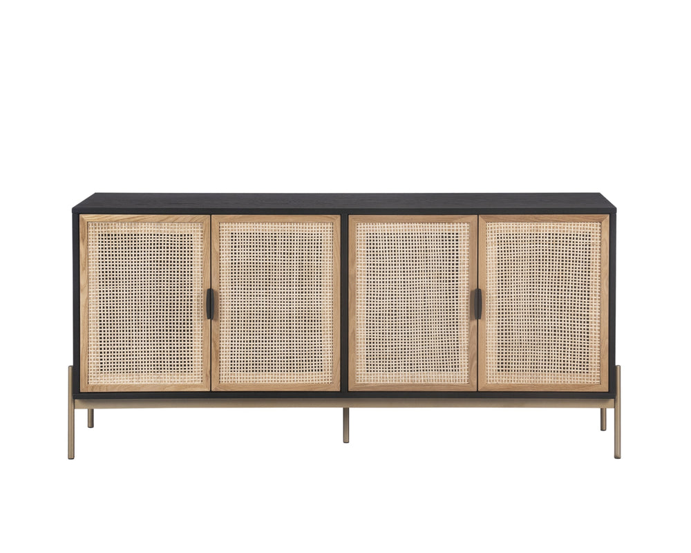 Sunpan Avida Artisan Sideboard: Handcrafted Rattan & Black Oak Design with Gold Accents for Stylish Storage Large - 71.75W x 18.5D x 32.5H
