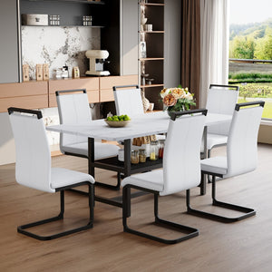 English Elm Table With Storage & 6 White Pu Chairs - Modern Scandinavian Dining Set For Stylish Family Meals W1151S04272-GIGA