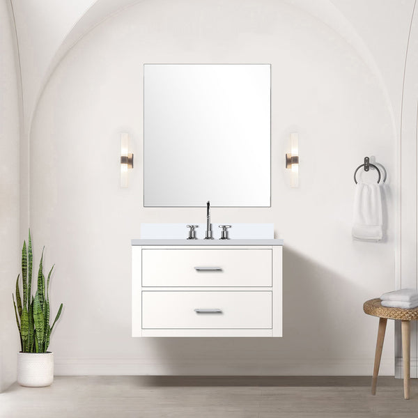 English Elm White 30 in Single Bath Vanity with White Quartz Top, Chrome Gooseneck Faucet, Soft-Close Drawers, Solid Wood Frame B2731P257945