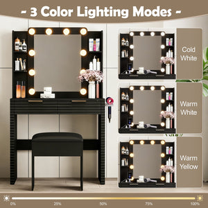 English Elm Makeup Vanity with Hollywood Bulbs Fluted Mdf Dressing Table Glam Storage Stool N704P340251B