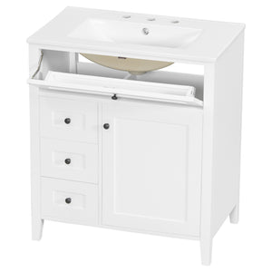 English Elm 30-Inch Contemporary Bathroom Vanity with Sink, MDF & Rubberwood, Glossy Finish, 3 Drawers + Cabinet White N725P350819K