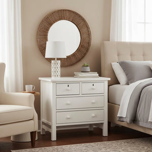 English Elm Georgina Distressed 4-Drawer Nightstand with French Dovetail Drawers and Decorative Faux Keyholes, 32" Antique White B050P376953