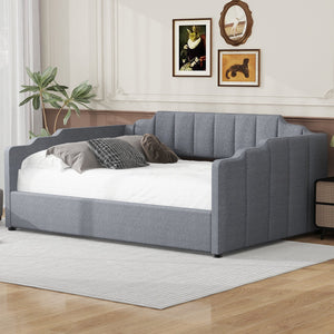 English Elm Upholstered modern daybed with under-bed storage drawers, full-size platform frame for guests Gray DL002033AAE