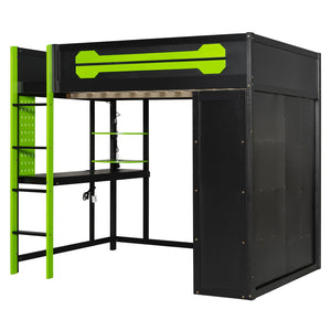 English Elm Full Size Gaming Loft Bed with Rgb Lighting Integrated Desk and Open Wardrobe Green N820S00073F