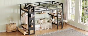 English Elm Full Size Pine Loft Bed House Frame with Slide Bookshelves and Moon Star Rails W1580S00590
