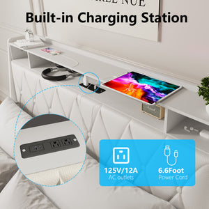 English Elm Full Full Size Bed Frame with Ergonomic Headboard, Built-In Outlets, Charger & Storage Shelf White W3107P262750