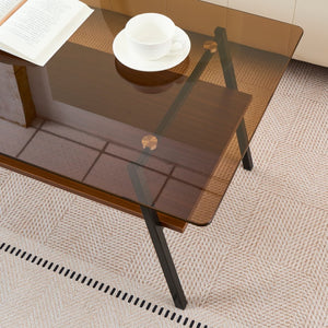 English Elm Rectangle Coffee Table – Modern Brown Tempered Glass With Sturdy Black Metal Legs For Living Rooms W241126036-GIGA