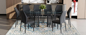 English Elm Table Set Oval Tempered Glass 71 Inch Top with Eight Faux Suede Chairs Modern Dining Black,Transparent W1151S04756