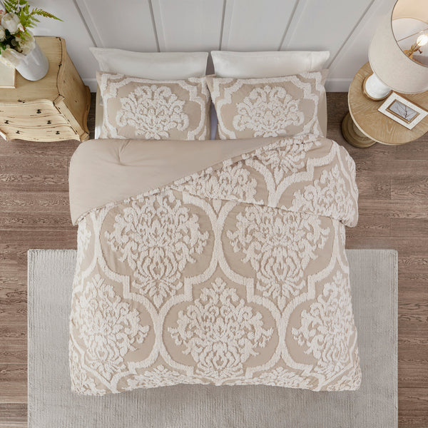 English Elm 3 Piece Tufted Cotton Chenille Damask Comforter Set Full/Queen - Shabby Chic Oeko-Tex Soft Durable taupe 24.02 L x 19.29 W x 11.81 H B03597174