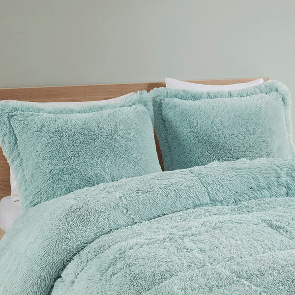 JLA Home Intelligent Design - Shaggy Lux Faux Fur Comforter Mini Set — Plush High-Pile Texture, Solid Reversible Warmth, Cozy Layering Aqua ID10-2042