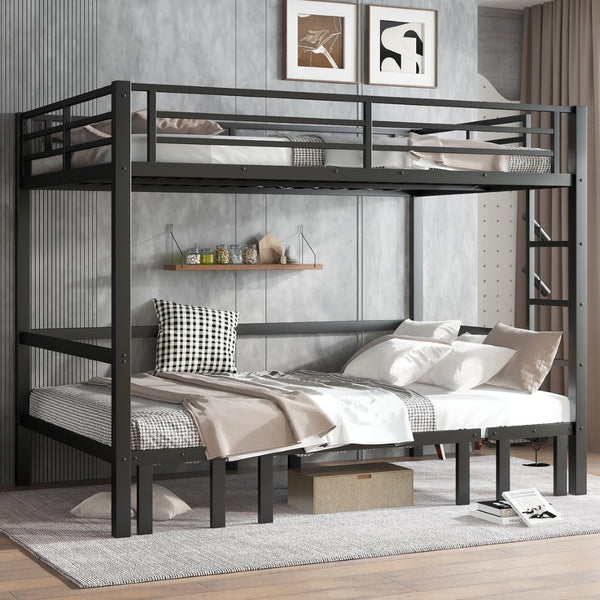English Elm Queen Metal Bunk Bed - Versatile Queen-Over-Queen With Pull-Out Lower Section & Safety Rails, Black W1580S00208-GIGA