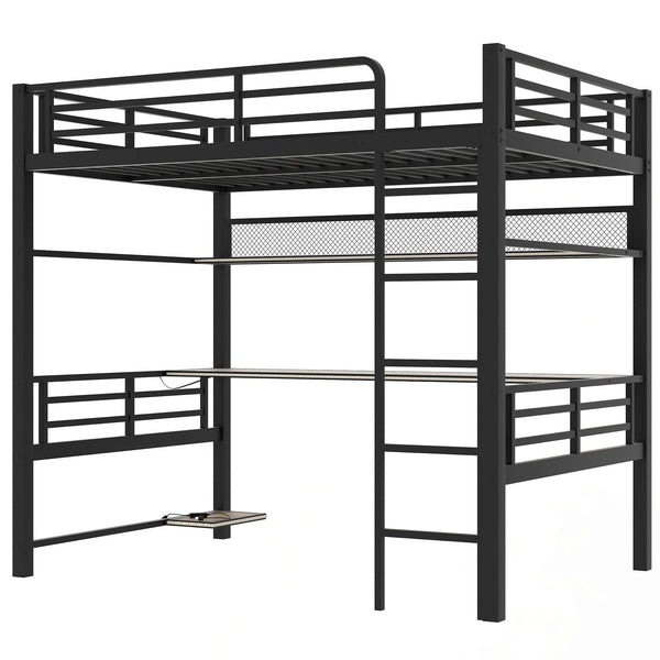 English Elm Full Size Metal Loft Bed Frame with Desk, LED Lights, Storage Shelves & Guardrails for Gamers DL002208AAB