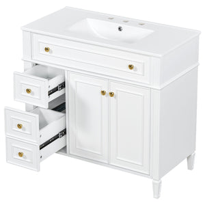 English Elm 36 Inch Freestanding Bathroom Vanity Sage Pine Cabinet Gold Hardware Ceramic Sink White N725P366468K