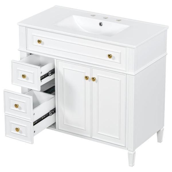 English Elm 36 Inch Freestanding Bathroom Vanity Sage Pine Cabinet Gold Hardware Ceramic Sink White N725P366468K
