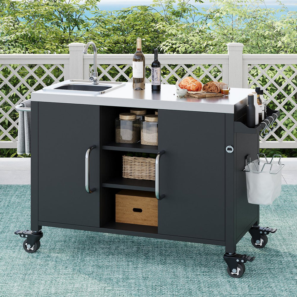 English Elm K&K Outdoor Kitchen Island with 304 Sink, Thick Stainless Top, Spice Rack, Trash Holder, Locking Wheels, BBQ Prep Station N707P270780B