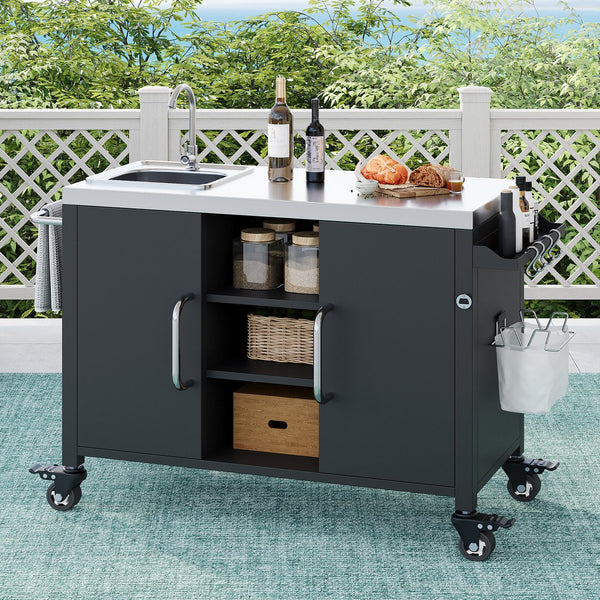 English Elm K&K Outdoor Kitchen Island with 304 Sink, Thick Stainless Top, Spice Rack, Trash Holder, Locking Wheels, BBQ Prep Station N707P270780B