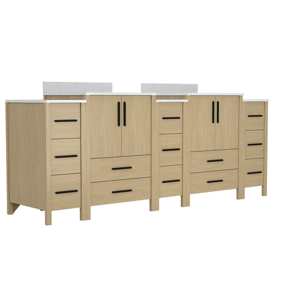English Elm 108"w×22"d×34"h Freestanding Double Sink Vanity with White Countertop Soft Close T3785S00005