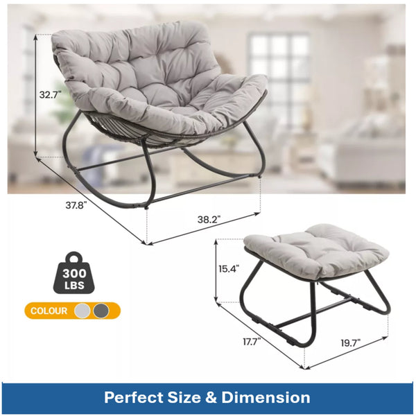 English Elm Dark Wicker Egg Rocking Chair with Ottoman Outdoor Pe Woven Patio Lounge Set Light Gray B082P455171